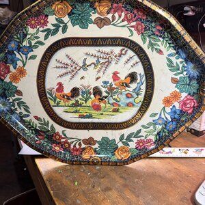 VTG Daher decorated tin tray featuring Asian inspired floral and rooster design